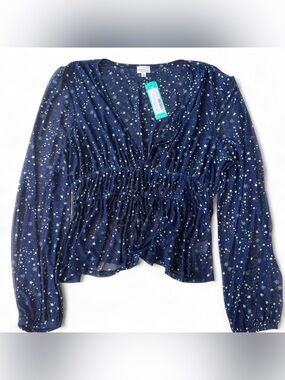 Madison & Berkeley Star Print Mesh Top Size L Sheer Patriotic 4th of July NWT